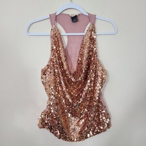 Y2K Glam Pink Sequin Cowl Neck Tank Top Barbiecore Clubwear Womens Size Large